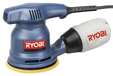 Ryobi\&rsquo;s Random orbit sander RS241, 12,000 orbits per minute, accomplishes nice finish work, 2.4 amp motor, little vibration, comfortable to handle, comfortable to use, weighing 3 pounds, sanding pad, pressure sensitive sandpaper, accessory for hook-and-loop paper, dust collection system, cloth dust bag, spin control brake, vinyl power cord
