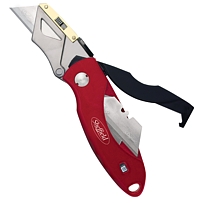 Sheffield heavy duty lockback utility knife, folding utility knives, different types of folding utility knives, quick change blades, five extra blades, utility knife with aluminum handle, folding utility knife with a nylon fabric case, comfortable utility knife, thumb platform, knurled nonslip rubber, grips your thumb, knurled metal, heavy duty aluminum handle, oversized ergonomic grip